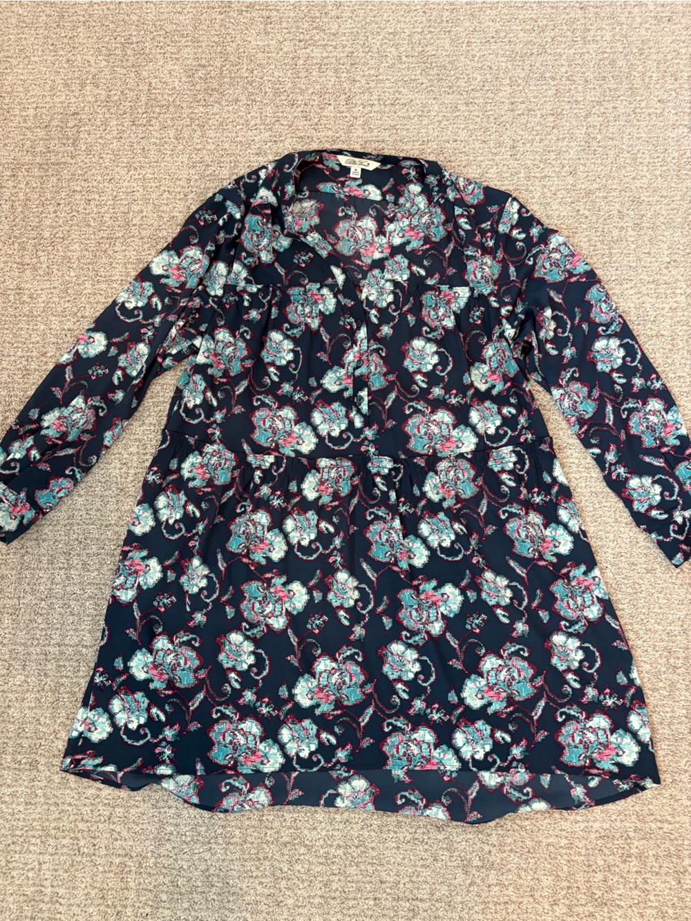 The Pioneer Woman Floral Navy & Teal Tunic Dress with Buttons Size Medium